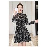 Women\'s Beach Holiday Sheath Dress, Floral Round Neck Above Knee Long Sleeve Cotton Summer High Rise Micro-elastic Thin