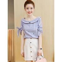 Women\'s Casual/Daily Simple Summer Shirt Skirt Suits, Solid Shirt Collar Short Sleeve Micro-elastic