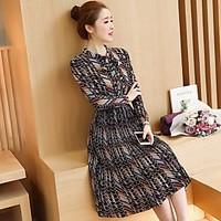 Women\'s Going out Chiffon Dress, Solid Striped Round Neck Midi Long Sleeve Cotton Spring Mid Rise Micro-elastic Medium