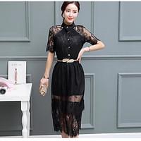 Women\'s Casual/Daily Party Simple Chiffon Dress, Solid Embroidered Stand Midi ½ Length Sleeve Others Summer Mid Rise Micro-elastic Medium