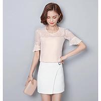 womens going out cute summer blouse solid round neck short sleeve poly ...