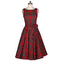 Women\'s Casual/Daily Vintage A Line Dress, Plaid Round Neck Midi Sleeveless Red Cotton Summer