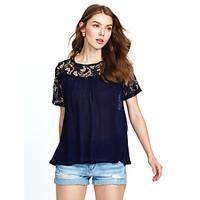 Women\'s Lace upLace Casual/Daily Street chic Summer BlouseSolid Round Neck Short Sleeve Blue / White Rayon / Polyester Thin