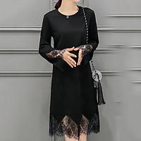 Women\'s Lace Plus Size Going out Casual/Daily Simple Cute Shift Dress, Solid Round Neck Midi Long Sleeve Cotton Others Black All SeasonsMid