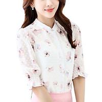 Women\'s Summer Slim Blouse Print Stand Short Sleeve Pink Rayon Thin