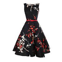 Women\'s Holiday Vintage Sheath Dress, Floral Round Neck Knee-length Sleeveless Black Cotton Summer