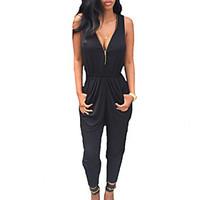 Women\'s Double Zipper Solid Black Jumpsuits , Casual / Day V Neck Sleeveless