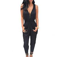 womens double zipper solid black jumpsuits casual day v neck sleeveles ...