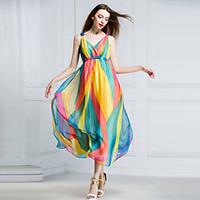 Women\'s Beach Swing Dress, Rainbow V Neck Midi Sleeveless Multi-color Silk Summer