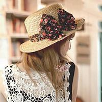 Women Straw Sun Hat Beach Flat Bucket Hat Solid Bowknot Print Casual Summer