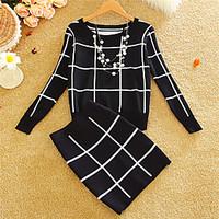 Women\'s Casual/Daily Vintage Regular Dress, Check Multi-color Round Neck Long Sleeve Cotton Winter Thick Micro-elastic