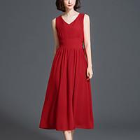 Women\'s Plus Size Beach Street chic Slim Thin Chiffon Swing Dress Solid Pleated V Neck High Waist Midi Sleeveless Polyester Red /Black Summer