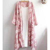 Women\'s Casual/Daily Simple Summer Shirt, Floral V Neck Long Sleeve Blue / Pink / White / Beige / Green Linen Medium