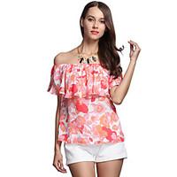 Women\'s Off The ShoulderRuffle Casual/Daily Street chic Summer Layered Fashion Blouse, Print Floral Boat Neck Short Sleeve