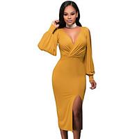 Women\'s Asymmetrical Mustard Deep V Neck Ruched Bodice Slit Sleeves Midi Dress