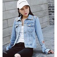 Women\'s Casual/Daily Simple Summer Denim Jacket, Print Shirt Collar Long Sleeve Short Linen