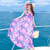 Women\'s Beach Sexy Loose Dress, Print Halter Maxi Sleeveless Pink Polyester Summer