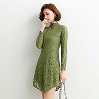 Women\'s Lace Spring Dress lace solid color long section of half-height collar long-sleeved dress