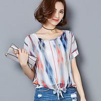 Women\'s Casual/Daily Beach Vintage Simple Summer Blouse, Striped Round Neck Short Sleeve Cotton Polyester Thin