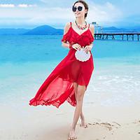 Women\'s Beach / Holiday Boho Chiffon Dress, Solid Strap Asymmetrical Sleeveless Red Polyester Summer