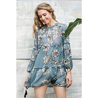 Women\'s Beach Holiday Shift Dress, Floral Round Neck Mini Long Sleeve Polyester Summer Fall High Rise Inelastic Thin