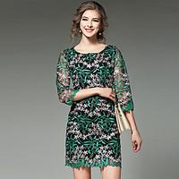 Women\'s Lace Going out Street chic Shift Dress, Embroidered Round Neck Above Knee ¾ Sleeve Green Polyester Spring Mid Rise Micro-elastic Medium