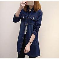 Women\'s Going out Casual/Daily Vintage Street chic Spring Fall Denim Jacket, Solid Shirt Collar Long Sleeve Long Others