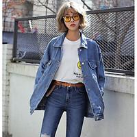 Women\'s Casual/Daily Simple Spring Summer Denim Jacket, Solid Shirt Collar Long Sleeve Regular Polyester