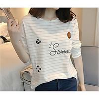 Women\'s Going out Casual/Daily Holiday Cute T-shirt, Solid Striped Round Neck Long Sleeve Cotton Medium