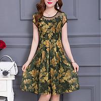 Women\'s Plus Size Going out Sophisticated A Line Chiffon Dress, Print Round Neck Knee-length Short Sleeve Polyester Summer Mid Rise