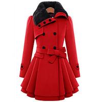 Women\'s Casual/Daily Cute Coat, Solid Shirt Collar Long Sleeve Winter Red / Brown Wool / Cotton Thick