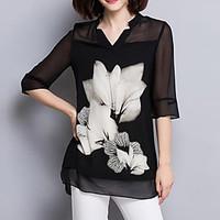 Women\'s Casual/Daily Plus Size / Street chic Summer Blouse, Floral V Neck ¾ Sleeve Black Polyester Thin