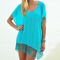 Women\'s Tassel Halter One-pieces / Cover-Ups, Tassels / Solid One-Pieces Chiffon / Lace / Spandex White / Blue / Red