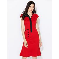 Women\'s Vintage V Neck Button Dress , Cotton Blends Red Bodycon/Casual/Party/Work