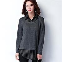 Women\'s Going out Casual/Daily Plus Size Simple Regular Pullover, Striped Color Block Gray Shirt Collar Long Sleeve Polyester Spring Winter