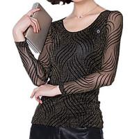 Women\'s Round Neck Long Sleeve Lace Sexy Purl Splicing Gold / Silver Blouse Stripe T-Shirt Blouse Tops