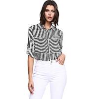 Women\'s Fine Stripe Plus Size Work Sophisticated Shirt, Striped Notch Lapel Long Sleeve White Black Cotton Polyester