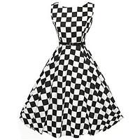 Women\'s Vintage Check A Line / Skater Dress, Round Neck Knee-length Polyester