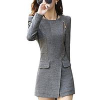 Women\'s Casual/Daily Simple Coat, Solid Shirt Collar Long Sleeve Fall / Winter Gray Polyester Thick