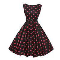 Women\'s Casual/Daily Vintage A Line Dress, Polka Dot Round Neck Knee-length Sleeveless Red Cotton Summer
