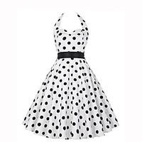 Women\'s Going out Vintage A Line Dress, Polka Dot Halter Knee-length Sleeveless White / Black Polyester Summer