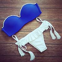 Women\'s Bandeau Blue/White Bikini Set, Sexy Strapless Beaded Tassel