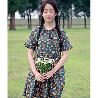 womens daily loose dress floral round neck above knee short sleeve cot ...