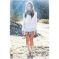 womens tasselboho patchworklace white dress beach round neck long slee ...