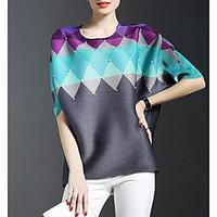 Women\'s Formal Sophisticated Spring T-shirt, Color Block Round Neck ½ Length Sleeve Multi-color Rayon Thin