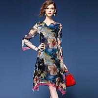 Women\'s Going out Vintage Loose Dress, Floral V Neck Knee-length ¾ Sleeve Polyester Blue Spring Summer Mid Rise Micro-elastic