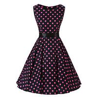 Women\'s Rockabilly Vintage DressBlack Pink Polka Dot Round Neck Knee-length Sleeveless Cotton All Seasons Mid Rise