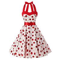 Women\'s Rockabilly Vintage DressWhite Cherry Floral Halter Knee-length Sleeveless Cotton All Seasons Mid Rise