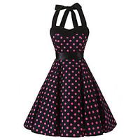 womens rockabilly vintage dress black pink polka dot halter knee lengt ...