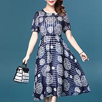Women\'s Plus Size Going out Street chic Swing Dress, Print Round Neck Midi Short Sleeve Polyester Summer Mid Rise Micro-elastic Medium